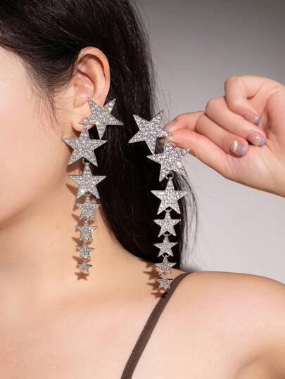 1 Par de Brincos com Pingentes de Estrela e Borla Decorados com Cristais, Adequado para Uso Diário
