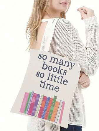 Bolso de lona Tote con gráfico "Tantos libros, tan poco tiempo", bolso de compras duradero con estampado a doble cara, bolso de hombro para mujer, regalo para amigos, de vuelta a la escuela