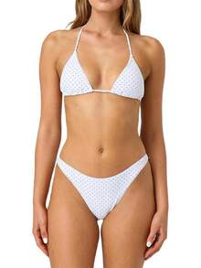 Alyweatry Women Y2K Bikinis Sets Coquette Aesthetic Bows Halter Tie Up Bikini Top High Cut Elastic Waist Bikini Bottom - 白底黑點 - 查看 1