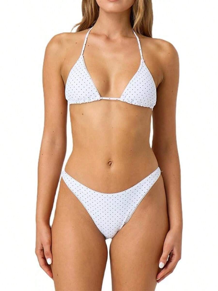 Alyweatry Women Y2K Bikinis Sets Coquette Aesthetic Bows Halter Tie Up Bikini Top High Cut Elastic Waist Bikini Bottom - 白底黑點 - 查看 1