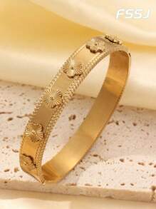 1/3pcs Fashionable 18K Gold Plated Stainless Steel Flower Nail Bangle Bracelet, Inlaid Cubic Zirconia, Waterproof, European & American Style Wrist Jewelry For Women, Casual, Wedding, Party, Valentine's Day Gift
