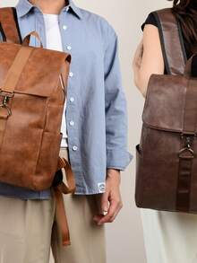 PU Backpack Leather Leisure Backpack Flip Buckle Men And Women Commuter Computer Bag Motorcycle Retro Backpack Multi-Pocket Fashion Bag Can Be Used As A Gift Bag For School School Accessories School Stuff - Multicolor - View 1