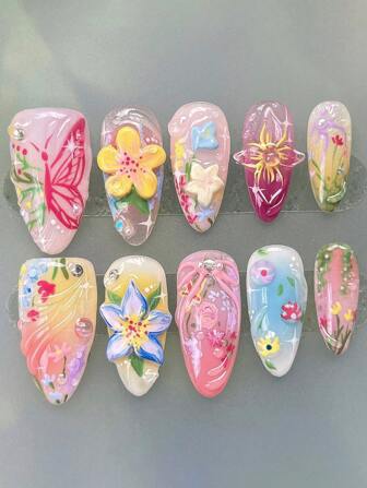 10Pcs Almond Press On Nails - 3D Flower Gel Fake Nails, Colorful Summer Nails With Butterfly Design, Sheer Glossy Nail Tips For Sweet Girls (Free Glue & File)