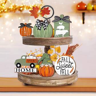 1/75 Sets Available, 6pcs/Set Wooden Thanksgiving Fall Tiered Tray Decor Set Thanksgiving Pumpkin Tray Decor Sweet Fall Maple Leaf Decoration For Home Autumn Harvest Wooden Table Decorations Mini Signs Table Shelf Decor Farmhouse Kitchen Coffee Bar Table Decor(Without Tray)