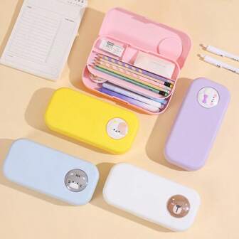 1pc Minimalist Stationery Box, Students Large Capacity Dual Layer Pencil Case, Cartoon Highly Attractive Stationery Storage Box,School Supplies,Back To School