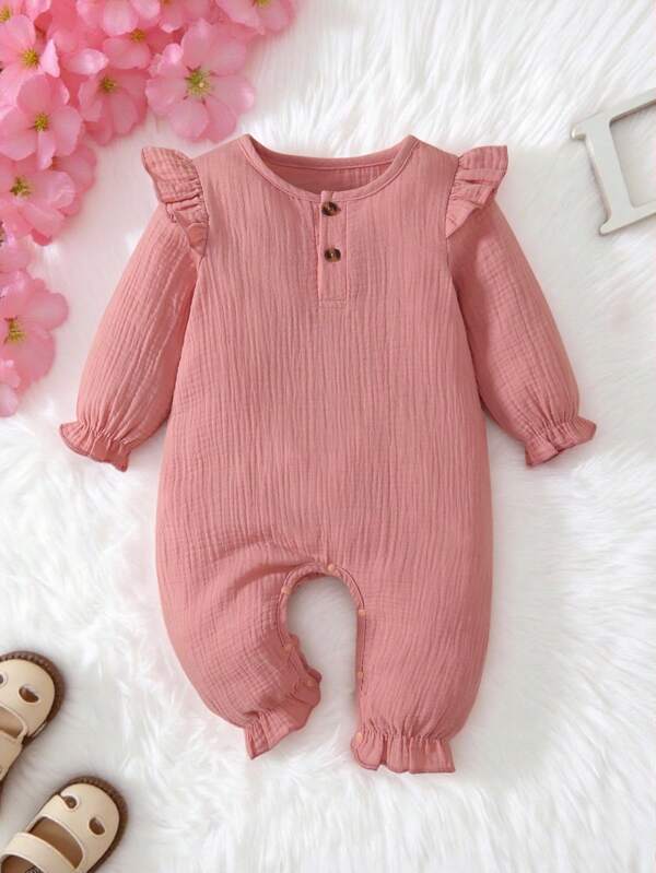 MommBaby MommBaby Pelele de algodón de unicolor con pliegues frontales, botones a presión, mangas con volantes, de manga larga, mono de una pieza, estilo simple, para bebé niña, primavera otoño