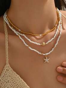 波西米亚软陶海星项链-米珠扇贝海星-适合女性日常搭配夏日沙滩 - 彩色 - 查看 9
