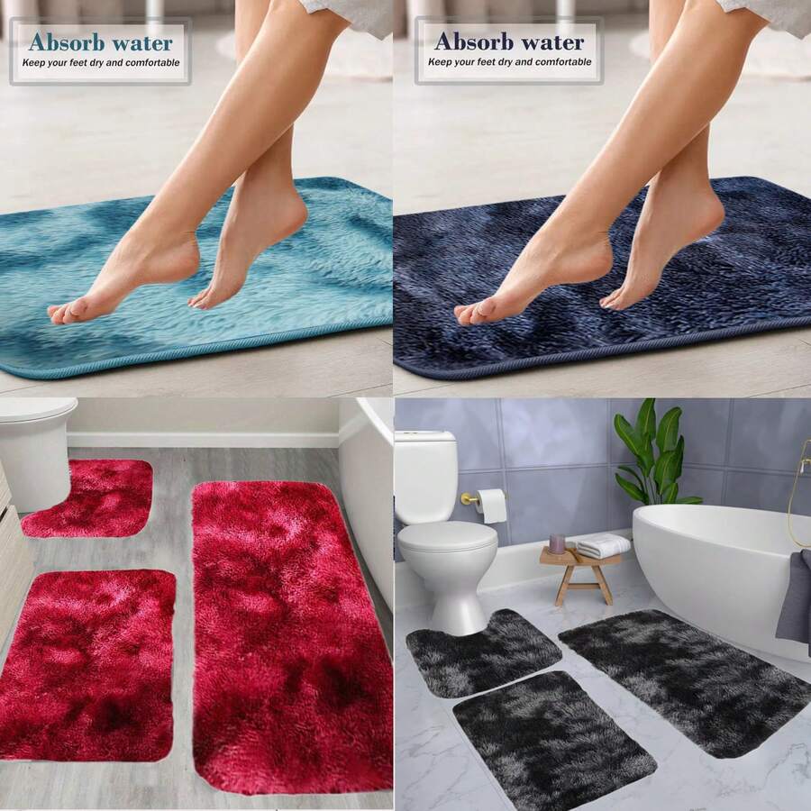 Shaggy Bathroom Rugs Sets 3Piece Black Bath Mat For Bathroom Non-Slip Bathroom Mats Water Absorbent Bath Rug Floor Mats Soft Washable Shower Rug With U-Shaped Contour Rug Toilet Lid Cover