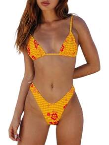 Alyweatry Women Y2K Bikinis Sets Coquette Aesthetic Bows Halter Tie Up Bikini Top High Cut Elastic Waist Bikini Bottom - 黃色方格花布印花 - 查看 1