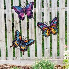 3 piezas de arte de pared de metal con mariposas, estilo campestre con mariposas de hierro de colores, para decoración de pared de jardín al aire libre, valla interior/exterior, decoración de habitación infantil, decoración festiva