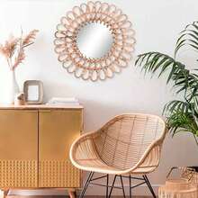 Rattan Mirror, Handmade, 40 Cm Diameter | Round Wall Mirror With 20 Cm Glass | Drill-Free Installation Including Dowels | Rural Decoration For The Living Room And Bedroom - 香檳色 - 查看 6