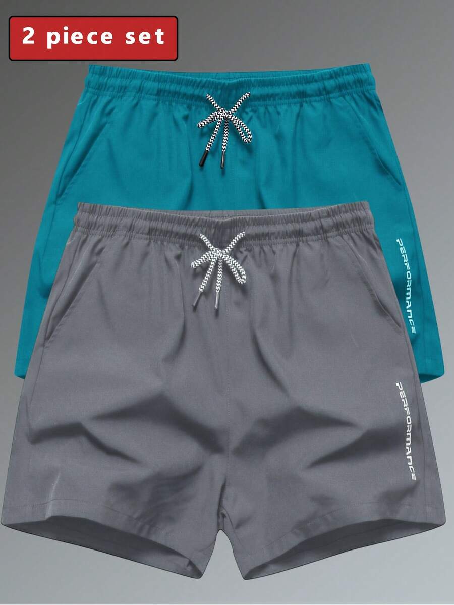 2 件男士抽绳跑步短裤，透气运动健身短裤，带口袋和图案印花，适合日常穿着 - 灰色 - 查看 1