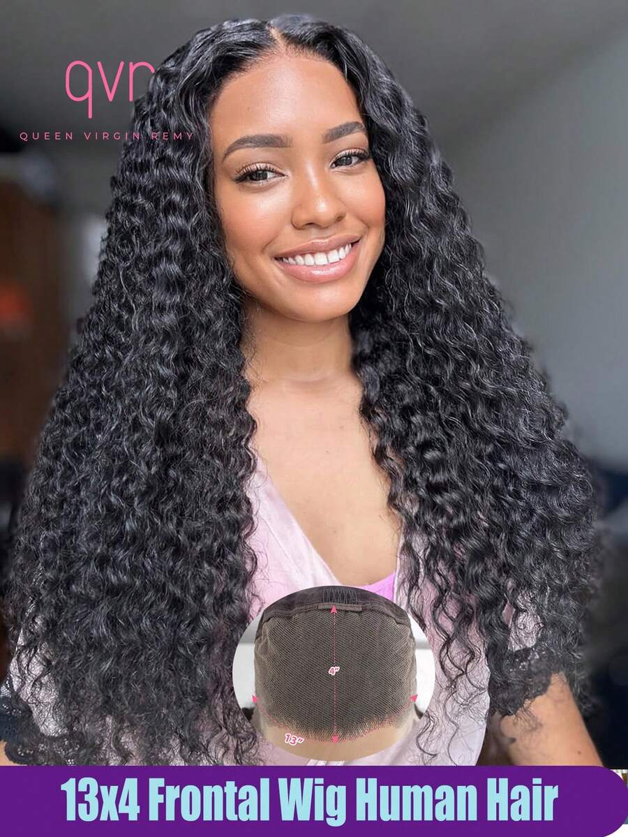 QVR QUEEN VIRGIN REMY QVR Deep Wave Lace Front Wigs 100% Human Hair 13x4 Lace Frontal Wigs Pre Plucked Glueless Super Wave Remy Human Hair Lace Closure Wig Natural Black Color 180% Density - SNatural - View 1