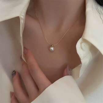1 件时尚仿珍珠不锈钢吊坠项链，适合女性日常佩戴