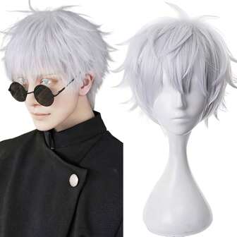 Parrucca bianca corta e dritta in fibra sintetica soffice per uomo, per cosplay di anime e giochi, resistente al calore, adatta per feste quotidiane e costumi da cosplay