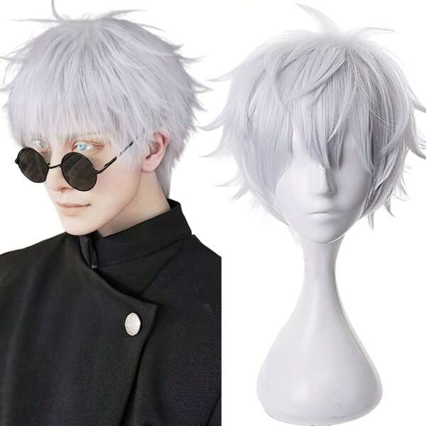 Peluca blanca corta sintética y recta, esponjosa para hombre, resistente al calor, para cosplay de anime, juegos, uso diario, fiestas y disfraces