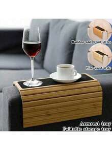 1 件木制扶手托盘，实木材质，扶手保护设计，可折叠杯架，适用于客厅沙发和电视托盘，女士收纳架，旅行必备品，返校宿舍收纳 - 彩色 - 查看 2