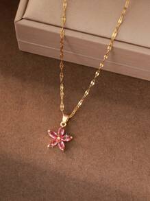 1 pieza Colgante de mujer con forma de flor pentagonal, pétalos y circonita cúbica de diseño elegante y fresco, con cadena para clavícula para San Valentín