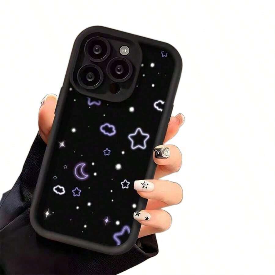 Funda para teléfono 1PC X/XS XSMAX 11 12 13 14 15 16 12MINI 13MINI 16E S22 S23 S24 S25 Luna púrpura y patrón retro Gota Funda para teléfono inteligente de silicona suave a prueba de golpes - Negro - Ver 1
