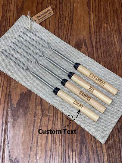 1 Customized Carved Roasted Marshmallow Stick Set, BBQ Stainless Steel Telescopic Barbecue Fork, Hot Dog Fork, Wooden Handle Barbecue Skewer, Telescopic U-Shaped Barbecue Fork Personalized Housewarming Gift, Bonfire Marshmallow, Anniversary Gift, Father's Day, Mother's Day, Camping