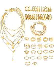 38/58/61/68pcs Middle Eastern Style Elegant Vintage Faux Pearl, Bow, Heart, Star, Moon, Crystal Rhinestone, Twisted, Rope, Geometric Wide Hoop Earrings, Necklace, Bracelet, Ring Jewelry Set, Holiday, Party, Daily Wear Gift