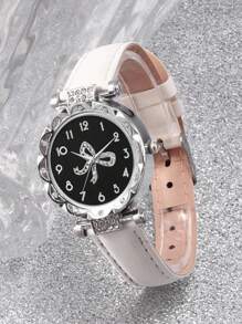 Conjunto de 6 piezas con correa de reloj de piel de PU blanco de moda, caja redonda de plata con patrón de lazo incrustado, reloj de cuarzo, collar, aretes, anillo, pulsera, mejor regalo de cumpleaños para ella, versátil para uso diario, fiesta, regreso a clases