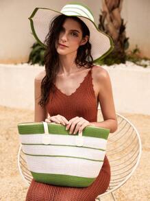 Tropiscape 草帽+草编包套装,女士彩色条纹草帽和手提包,适合夏季波西米亚风海滩度假,1顶时尚宽檐防晒帽,可折叠设计,1个带手机和储物隔层的手提包,适合户外休闲旅行和日常搭配,秋季圣诞节冬季圣诞礼物
