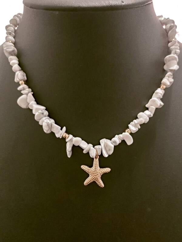 1 Set Turquoise Beaded Metal Starfish Pendant Necklace, Fashion Jewelry