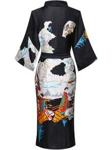 DandyChic Women's Long Floral Satin Robes Imitation Silk Sleepwear Bridal Dressing Gown For Bridesmaid Nightgownhalloween - 黑色 - 查看 2