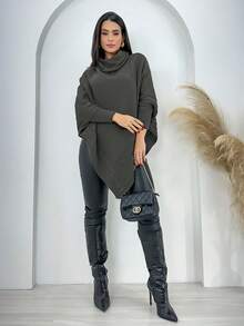 Swisz Women's Winter Poncho Knit Long Sleeve V-Neck Sweater With Scarf - 灰色 - 查看 2