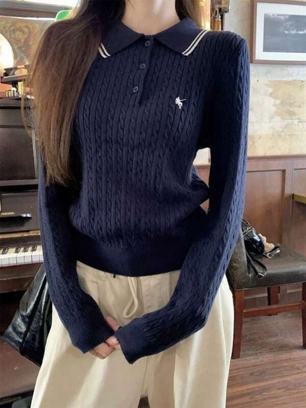 Vera Lane Damen koreanischer Stil Lässig, elegant, würdevoll, altmodischer Y2K Stil einfarbiger simpler Polokragen Langarm Pullover T-Shirt