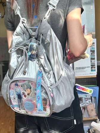 Y2K双肩包女抽绳双肩银色背包时尚百搭学生动漫迷背包大容量