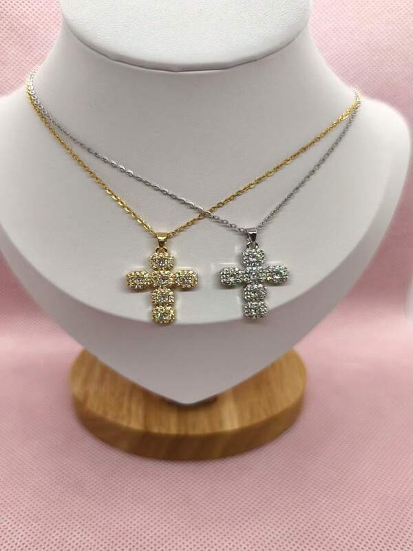 1pc Classic Simple Cross Copper Plated Pendant Titanium Steel Necklace, Copper Micro Inlaid Cubic Zirconia Jewelry Choker