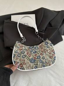 Fashion Floral Patchwork Pattern Shoulder Bag, Versatile Baguette Bag, Metal Chain Mini Bag, Underarm Bag - Blue - View 3