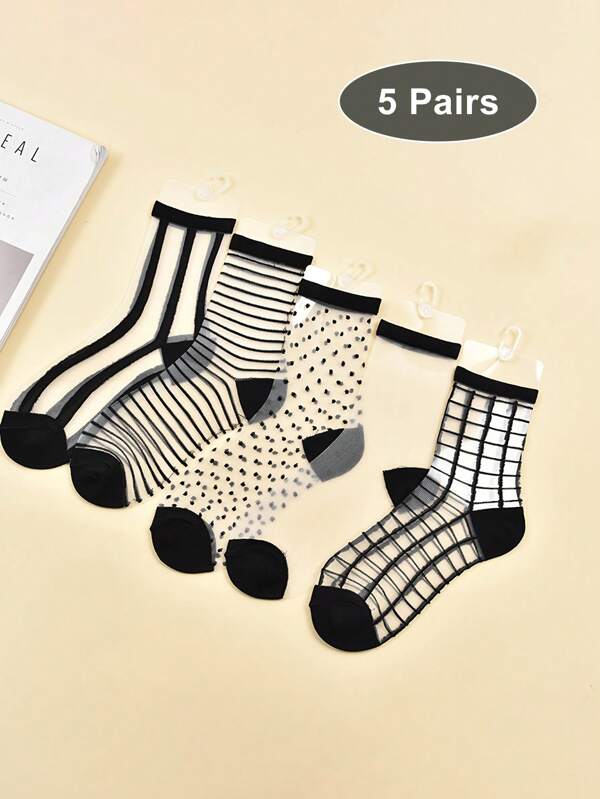 5 paires/paquet Chaussettes transparentes pour femmes Chaussettes de cheville en maille Chaussettes fines en filet transparent Chaussettes d'été décontractées