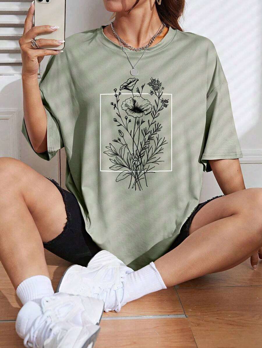 2026 Summer ShirtINAWLY Women's Casual Floral Print Drop Shoulder Round Neck T-Shirt, SummerLoose And Comfortablesummer Tops - 橄欖綠 - 查看 1