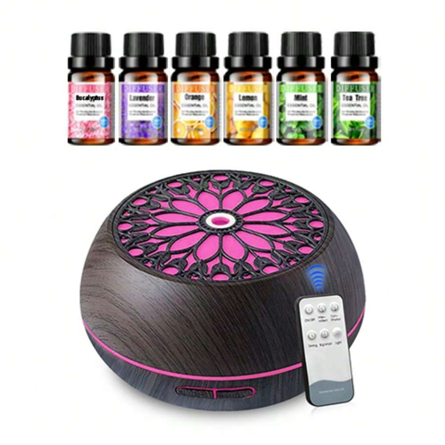 Humidificador y difusor de aromas con nebulización en frío de 550ml, con 6 aceites esenciales, tecnología de ondas sonoras, control remoto, USB, preprogramado - Blanco - Ver 1