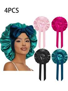 1pc Women Solid Bowknot Decor Satin Casual Hair Bonnet For Daily Life Silk Bonnet Satin Bonnet