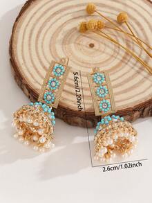 1 Par de Elegantes Brincos Jhumka com Strass e Contas, Brincos com Borla de Pérola Falsa, Acessórios de Joalheria Estilo Bollywood para Mulheres, Adequado para Uso Diário, Festivais, Casamentos e Festas/Presente de Joias - multicolorido - Visão 3