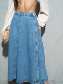 Women's A-Line Midi Denim Skirt, Stylish Winter Look - 中等水洗藍 - 查看 4