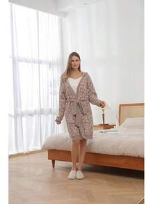 Bearberry Hooded Robe Cozy Leopard Robe Lightweight Soft Plush Bathrobe With Pockets For Women - Linen/Abu-abu Hangat - View 4