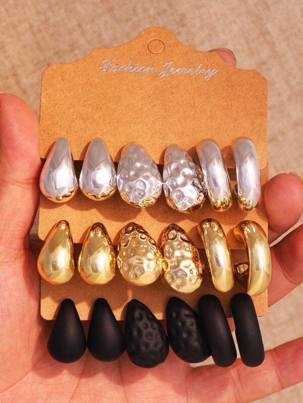 9 Pairs Of European And American Fashion Unique C-Shape Water Drop And Hammer Textured Earring Set, Gold, Silver And Black Combination, Suitable For Women