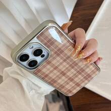 1 pieza Funda de teléfono con patrón de cuadros retro y borde metálico, compatible con Apple/Series, minimalista y vintage, resistente al agua, a los golpes y a los arañazos - Marrón - Ver 5