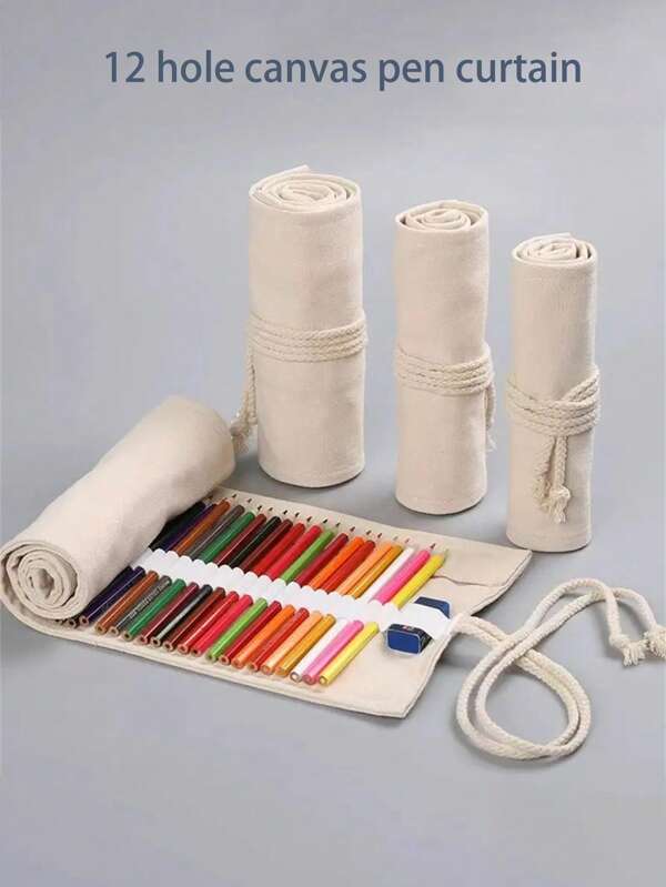 1 pieza Estuche de lápices de lona negro/natural, enrollable con capacidad alta de 12/24/36/48/72 orificios, caja de papelería con lápices de colores, simple y elegante, práctico de gran capacidad, estuche de lápices, mochila escolar, útiles escolares, regreso a clases