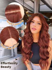 26 Inch Elegant Long Dirty Orange Curly Wavy U Part Lace Synthetic Wig For Women - Heat Resistant Fiber, Natural Middle Part, Full Volume, For Daily Wear, Party & Cospla - Dirty Orange - View 4