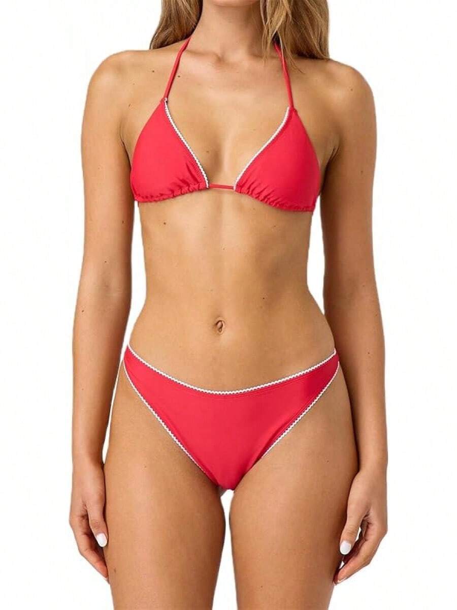 Alyweatry Women Y2K Bikinis Sets Coquette Aesthetic Bows Halter Tie Up Bikini Top High Cut Elastic Waist Bikini Bottom - 紅色01 - 查看 1