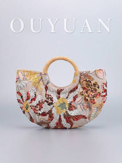 Bolso de mano de mujer con lentejuelas de gran capacidad, bolso de mano con bordado floral asimétrico y de diseño exclusivo, bolso de mano de lino decorado con asa de ratán simple y de moda, bolso de fiesta con lentejuelas florales brillantes, adecuado para fiestas, vacaciones, citas, compras, regalos, vacaciones y vida diaria.