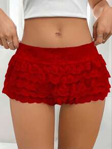 Pantalones cortos de mujer con cintura elástica, con volantes y encaje floral de verano - Rojo - Ver 1
