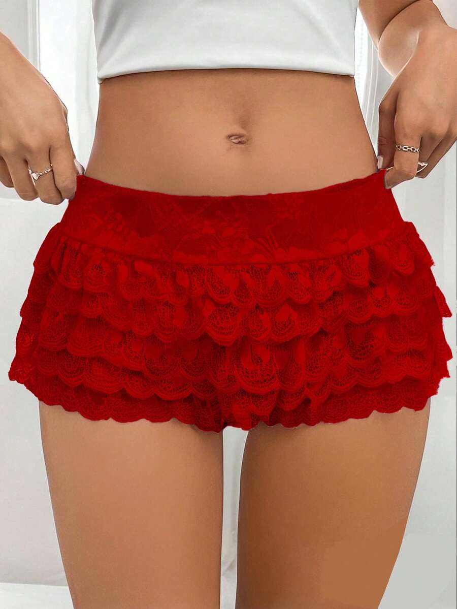 Pantalones cortos de mujer con cintura elástica, con volantes y encaje floral de verano - Rojo - Ver 1