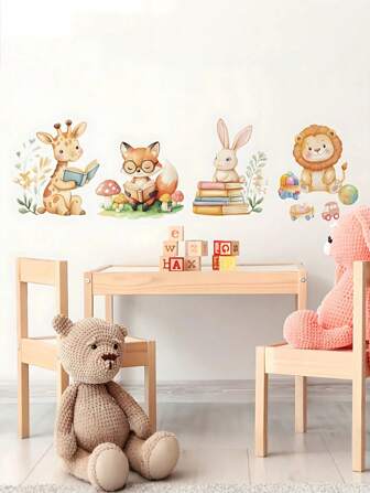 1Pc Cute Cartoon Animal Reading Wall Sticker - Self-Adhesive Removable PVC Sticker, Suitable For Bedroom And Study Room Decoration, Size 29.97x89.92cm